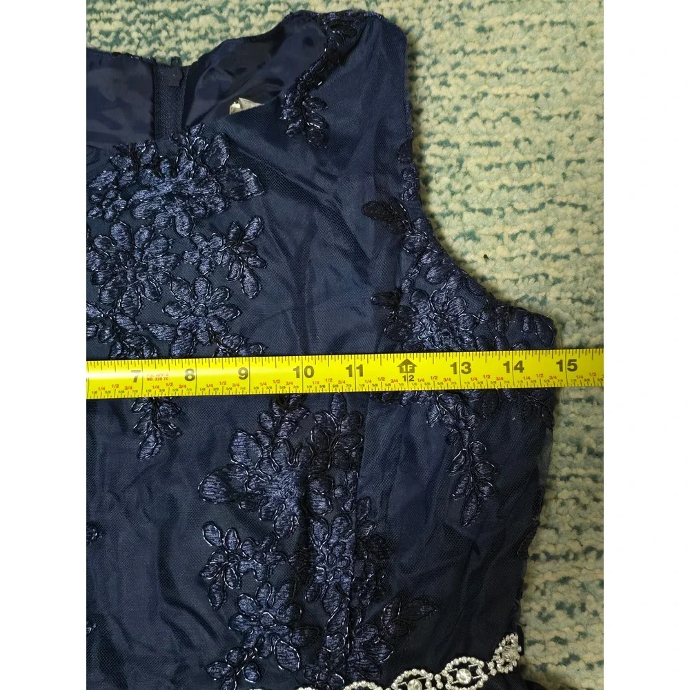 Girls Navy Blue Lace Overlay High‎ Low Dress with Rhinestone Belt Special (AC)
